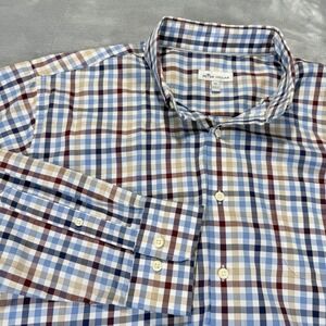 Peter Millar XL Blue Tan Burgundy Check Cotton Button Down Shirt Long Sleeve